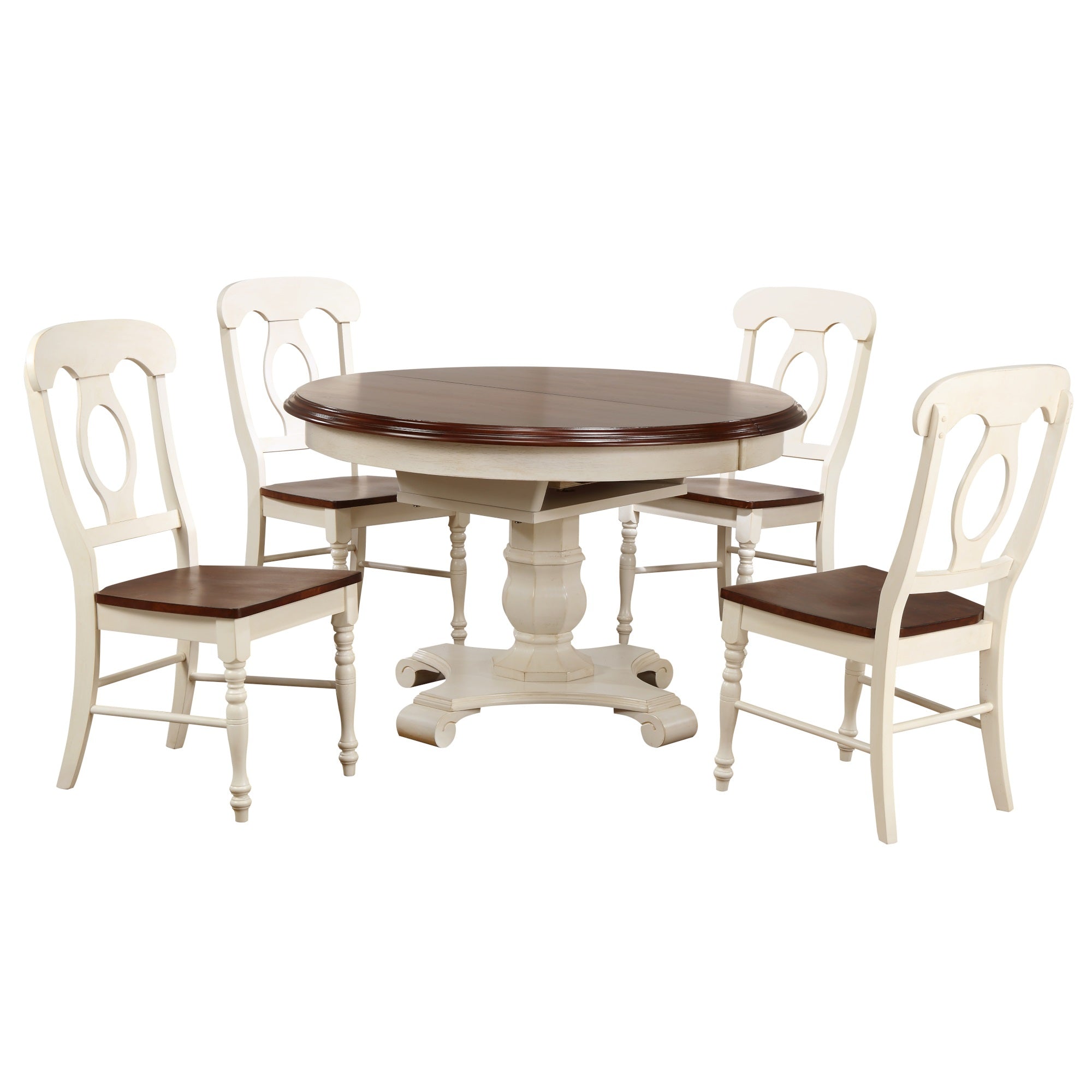 Sunset Trading Andrews 5 Piece 48 Round Or 66 Oval Extendable Dining Set| Butterfly Leaf Table | Antique White And Chestnut