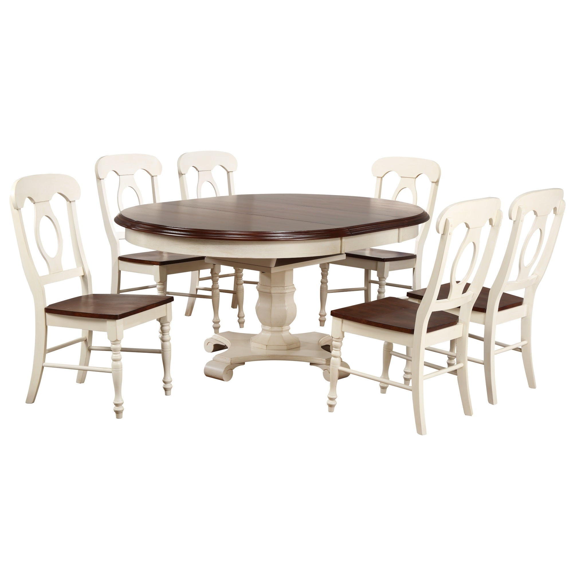 Sunset Trading Andrews 7 Piece 48 Round Or 66 Oval Extendable Dining Set| Butterfly Leaf Table | Antique White And Chestnut