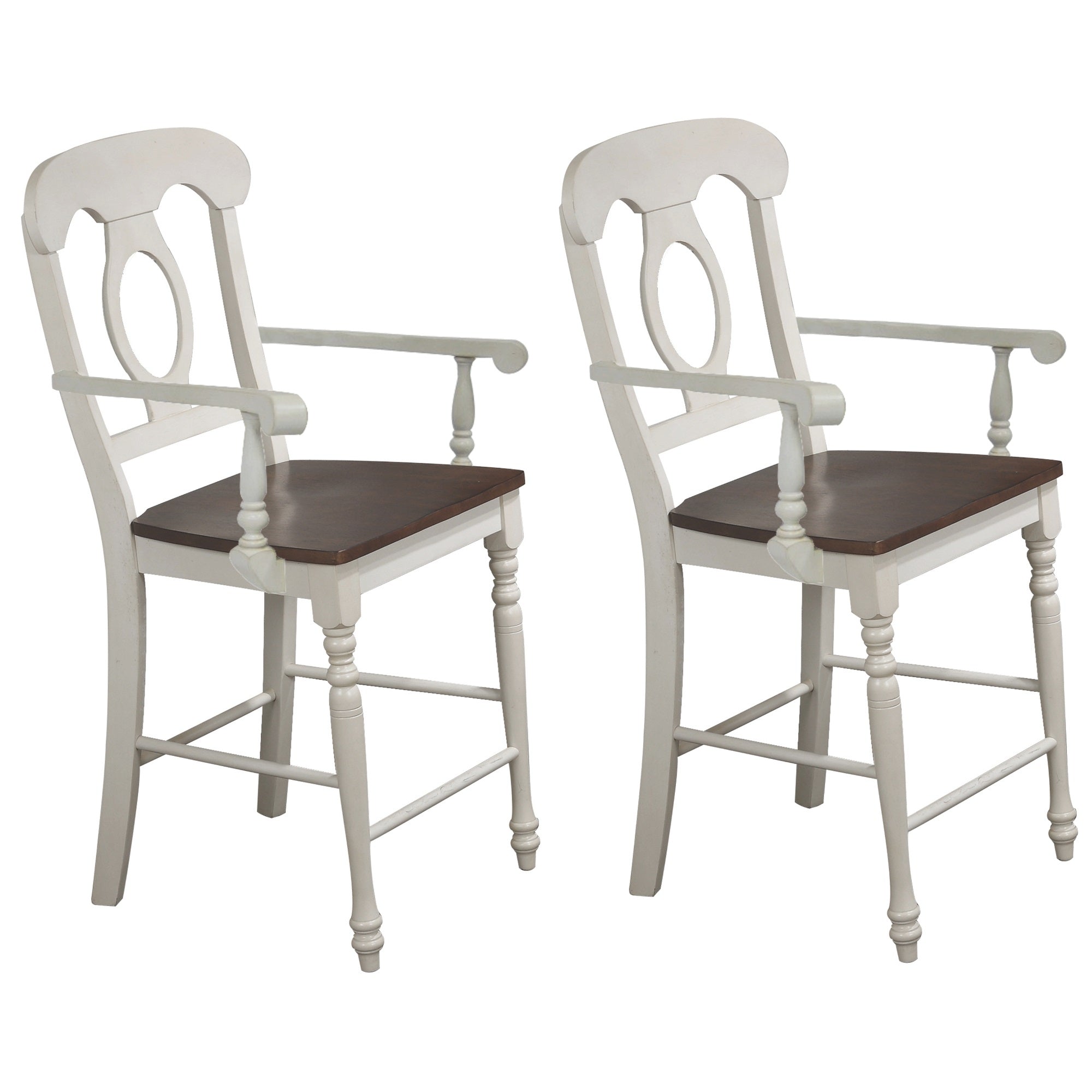Sunset Trading Andrews Napoleon Barstool With Arms | Antique White With Chestnut Brown Seat | Counter Height Stool| Set Of 2