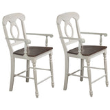 Sunset Trading Andrews Napoleon Barstool With Arms | Antique White With Chestnut Brown Seat | Counter Height Stool| Set Of 2