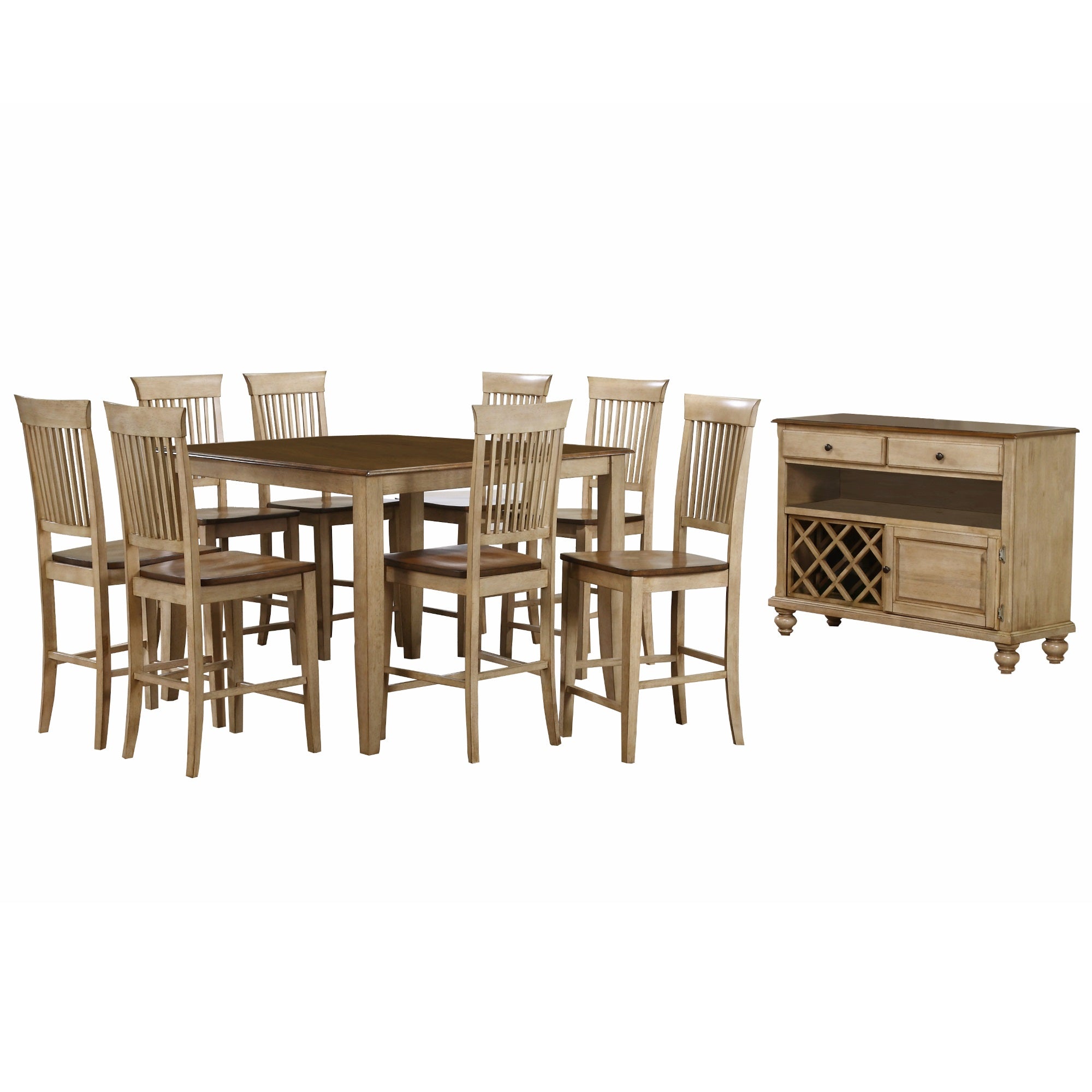 Sunset Trading Brook 10 Piece 48 Square Pub Set With Fancy Slat Stools | Counter Height Dining Table | Server | Seats 8