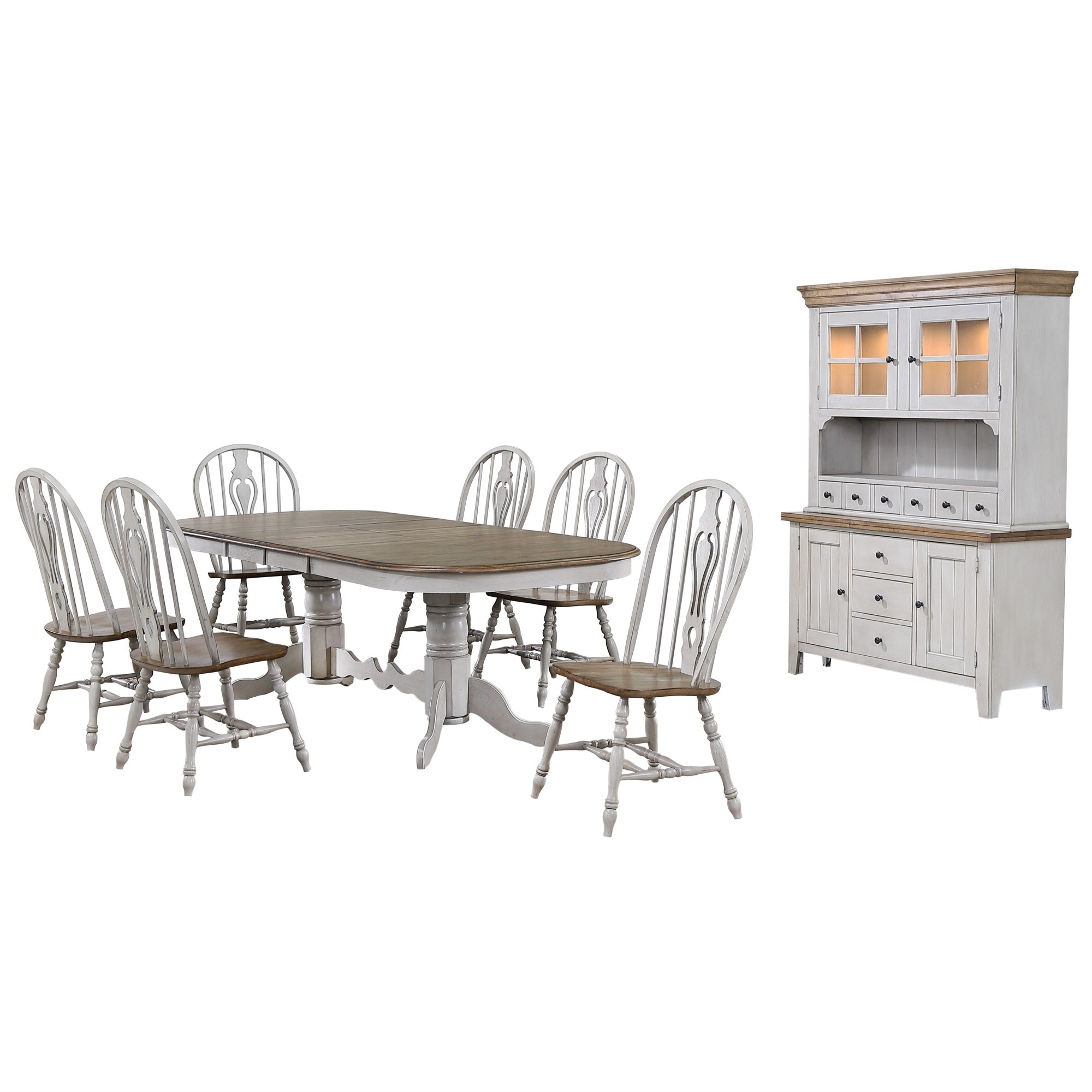Sunset Trading Country Grove 8 Piece 96 Oval Double Pedestal Extendable Dining Table Set | Lighted China Cabinet | Distressed