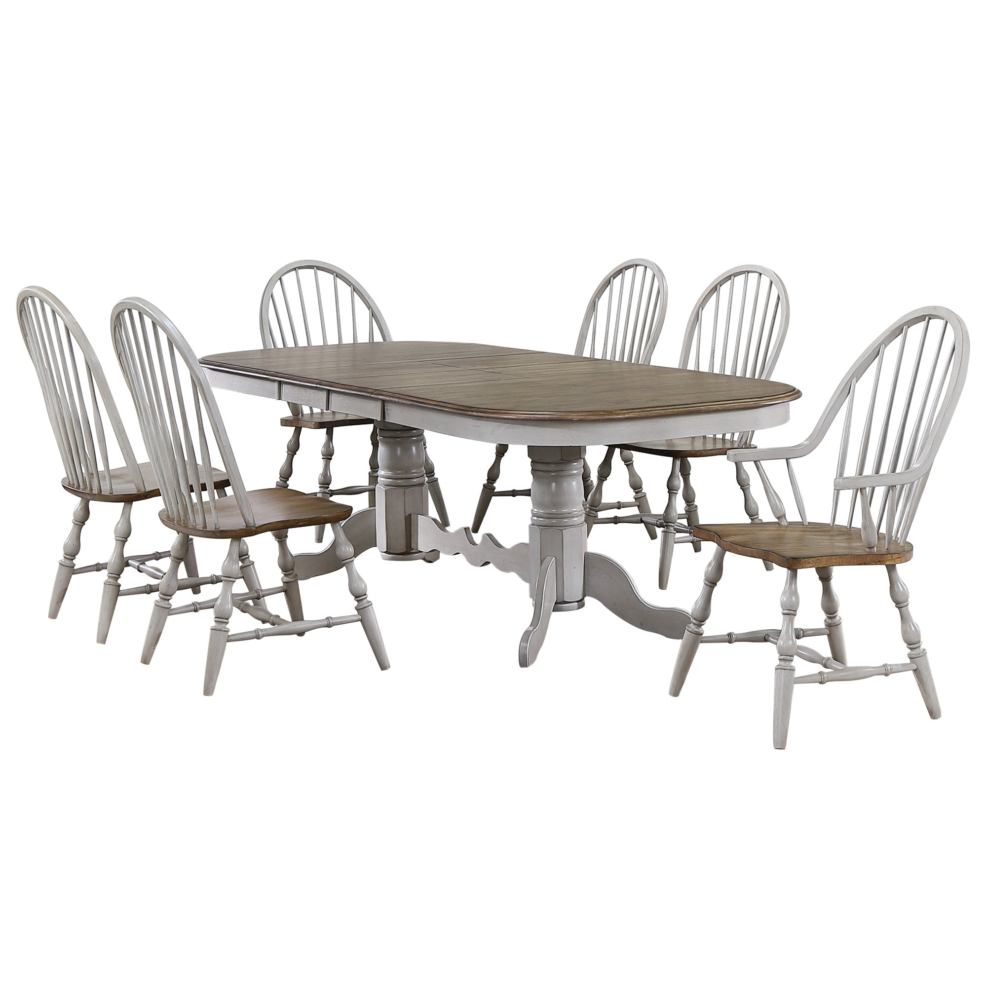 Sunset Trading Country Grove 7 Piece 96 Oval Double Pedestal Extendable Dining Table Set | 2 Arm Chairs | Distressed Gray And