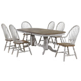 Sunset Trading Country Grove 7 Piece 96 Oval Double Pedestal Extendable Dining Table Set | 2 Arm Chairs | Distressed Gray And