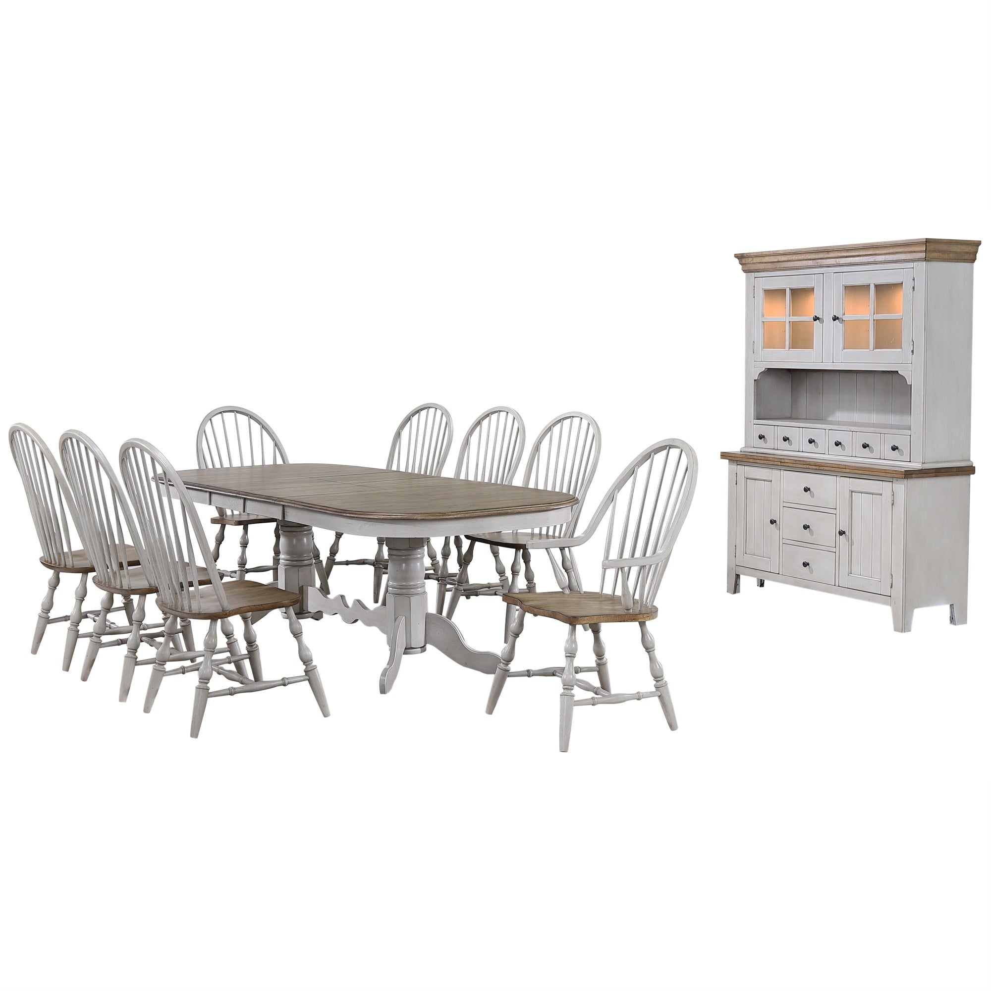 Sunset Trading Country Grove 10 Piece 96 Oval Double Pedestal Extendable Dining Table Set | 2 Arm Chairs | Lighted China Cabin