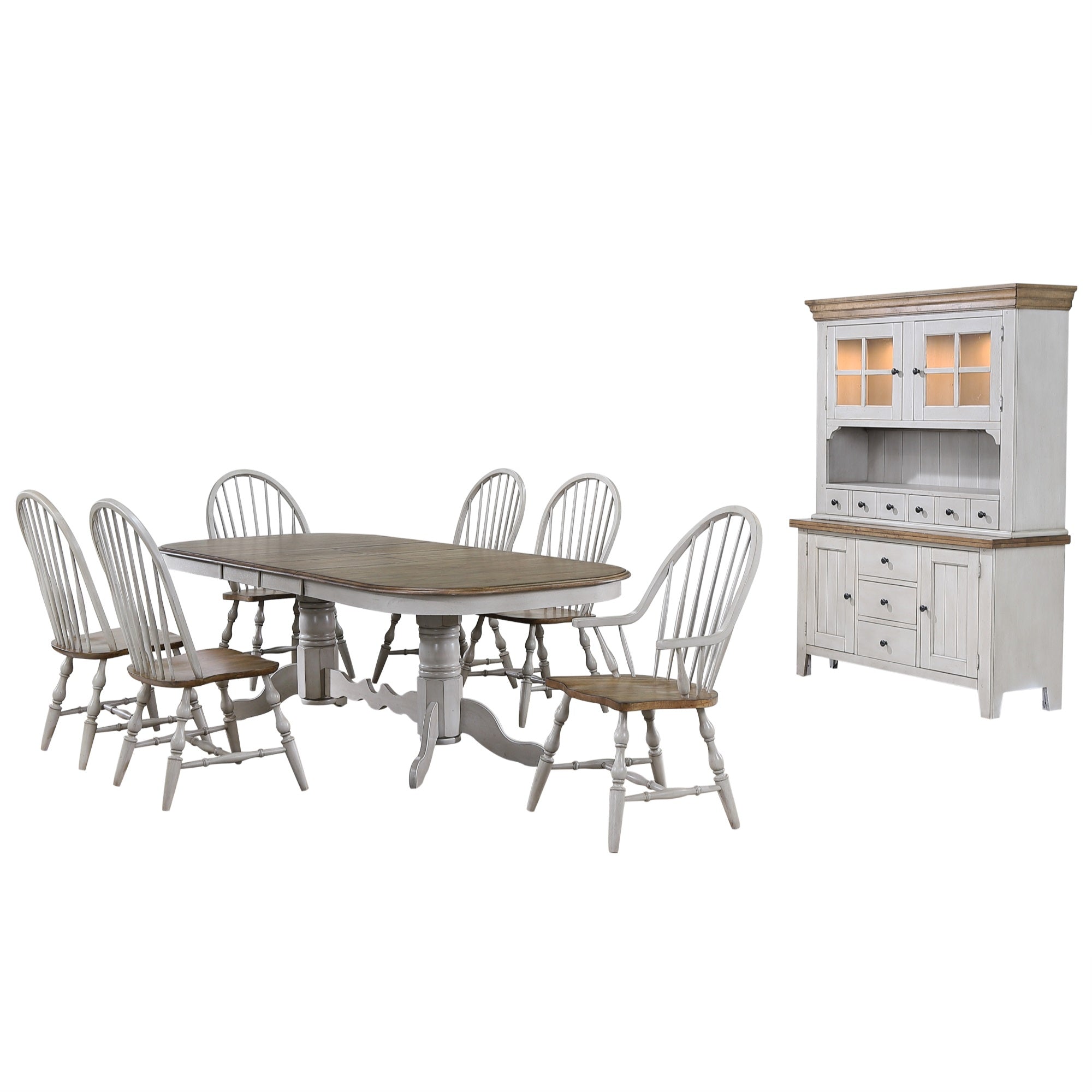 Sunset Trading Country Grove 8 Piece 96 Oval Double Pedestal Extendable Dining Table Set | 2 Arm Chairs | Lighted China Cabine