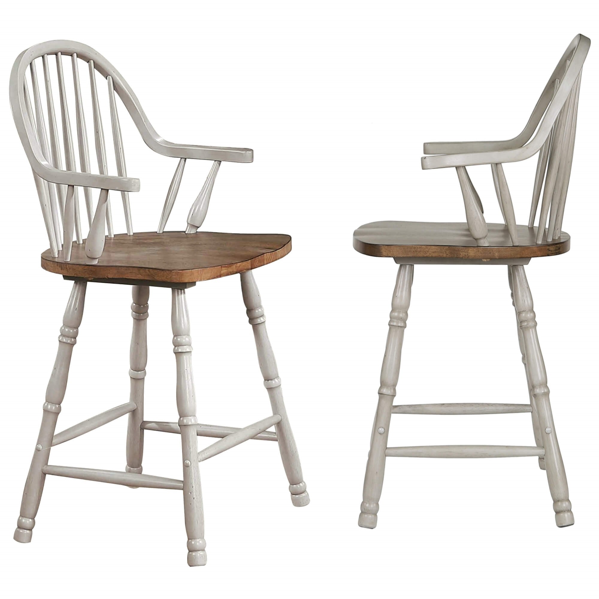 Sunset Trading Country Grove 24 Windsor Barstools With Arms | Counter Height Dining | Distressed Gray And Brown Wood | Set Of