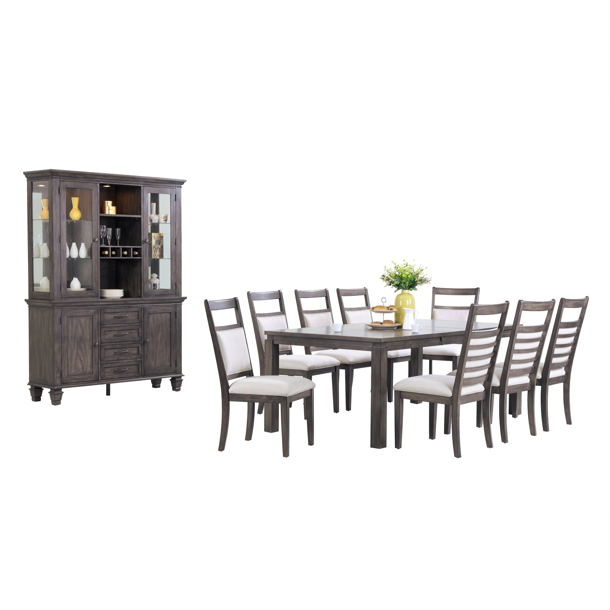 Sunset Trading Shades Of Gray 11 Piece 82 Rectangular Extendable Dining Set | Lighted China Cabinet | Seats 8