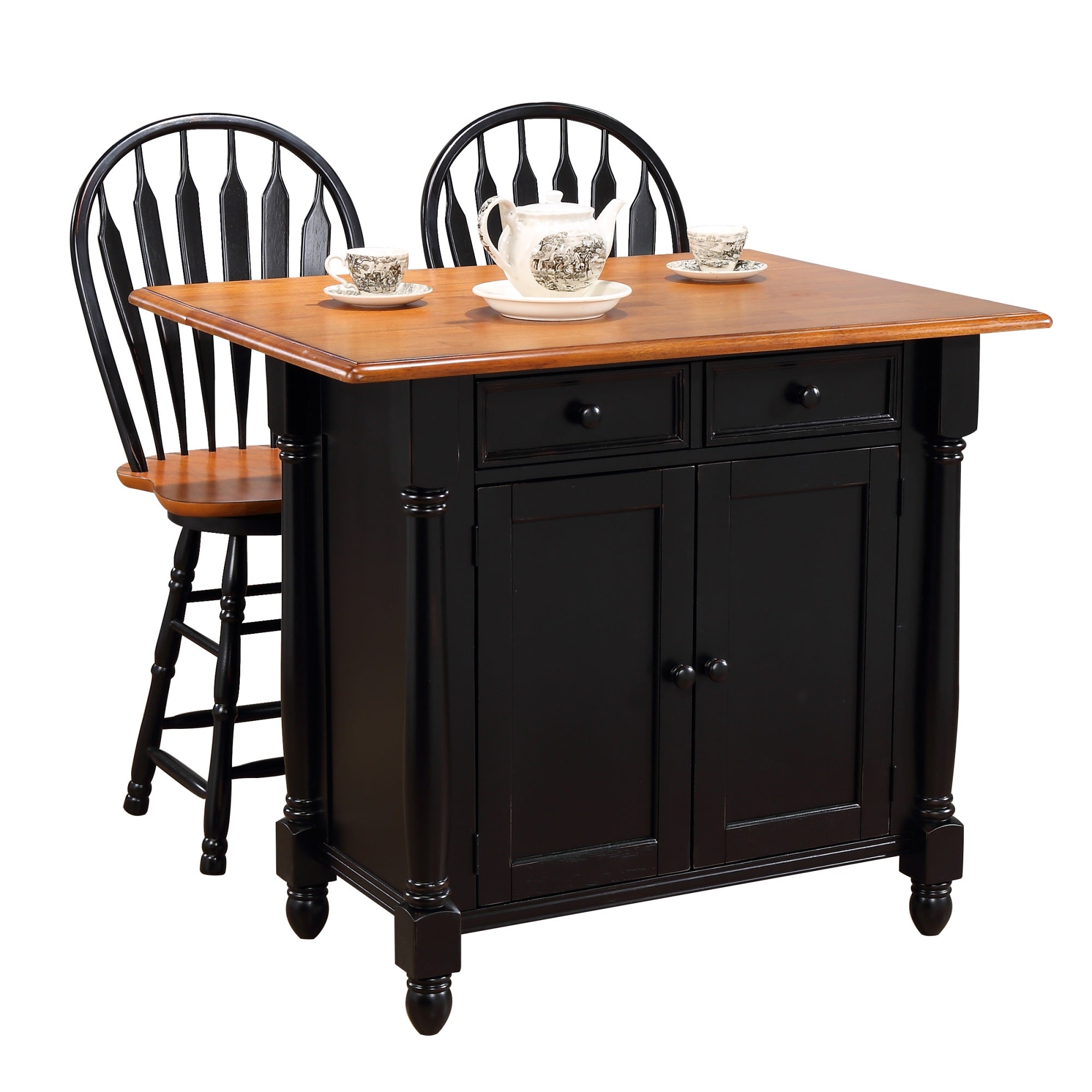 Sunset Trading Antique Black Expandable Kitchen Island With 2 Swivel Stools | Cherry Drop Leaf Top | Drawers And Cabinet