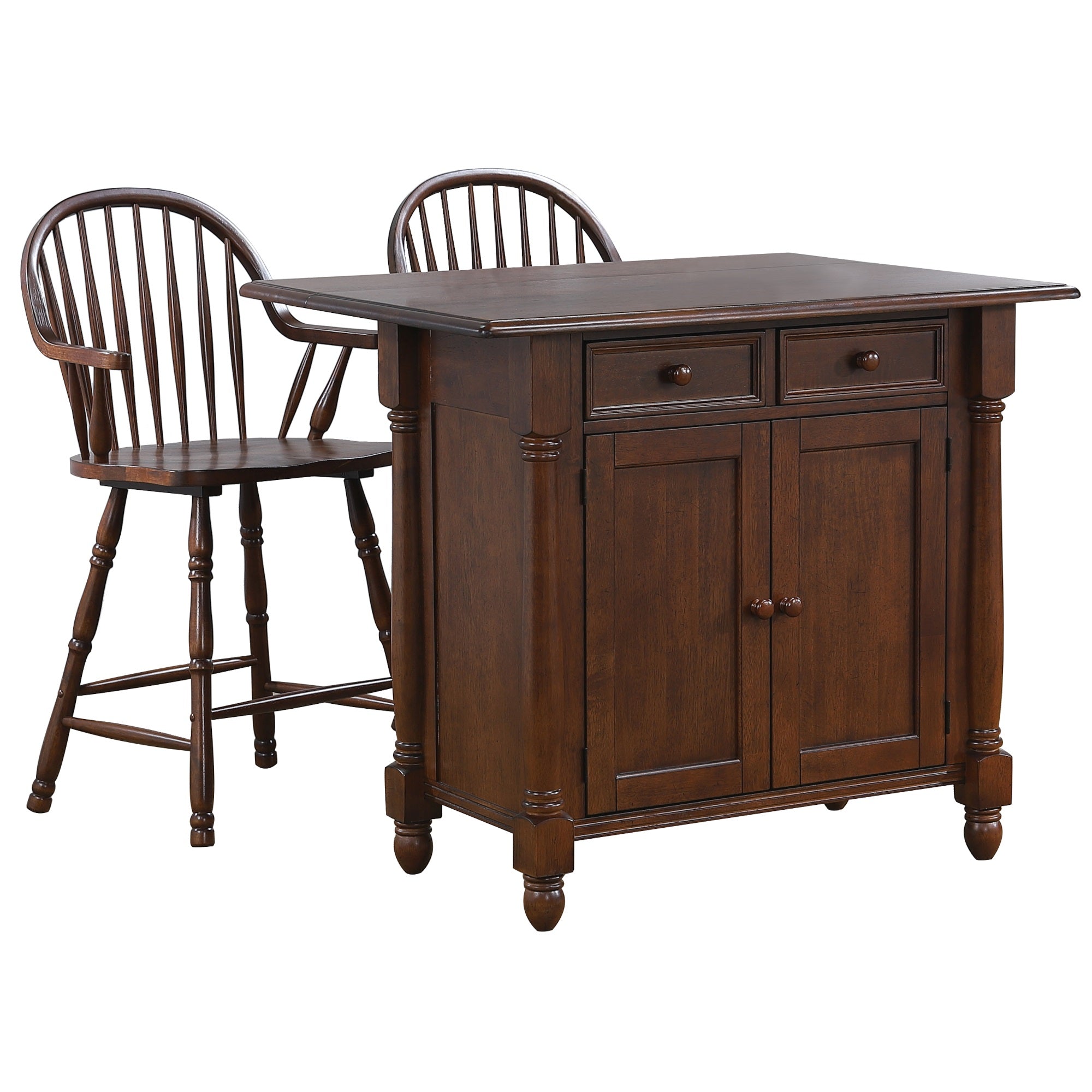 Sunset Trading Andrews Extendable Drop Leaf Kitchen Island With Counter Height Stools With Arms | Distressed Chestnut Brown | Dr