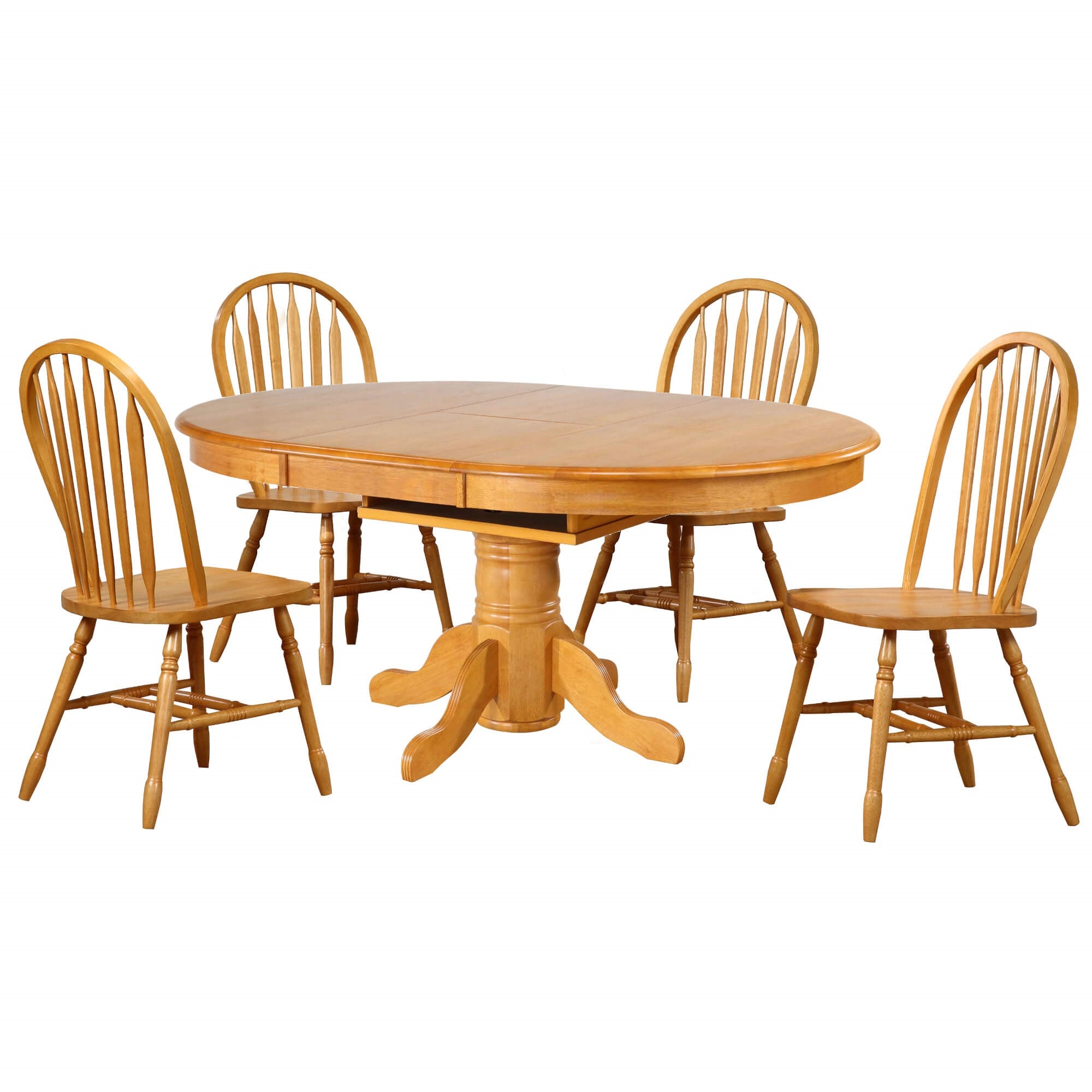 Sunset Trading Oak Selections 5 Piece 66 Oval Extendable Pedestal Dining Set | Butterfly Leaf Table | 4 Arrowback Chairs | Sea