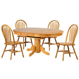 Sunset Trading Oak Selections 5 Piece 66 Oval Extendable Pedestal Dining Set | Butterfly Leaf Table | 4 Arrowback Chairs | Sea