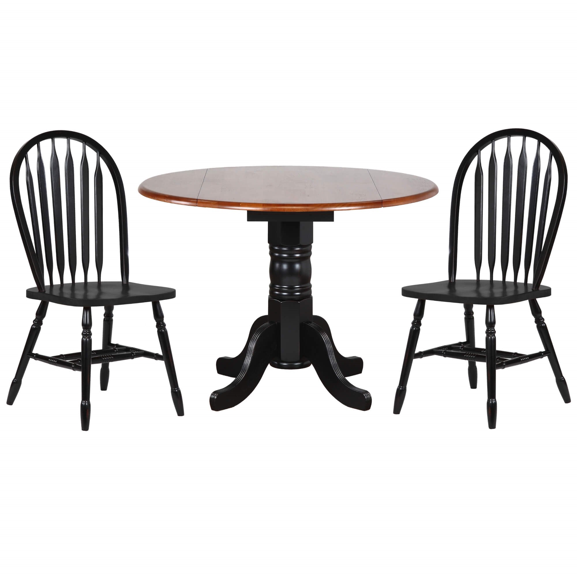 Sunset Trading Black Cherry Selections 3 Piece 42 Round Extendable Dining Set With 2 Black Arrowback Chairs | Drop Leaf Table