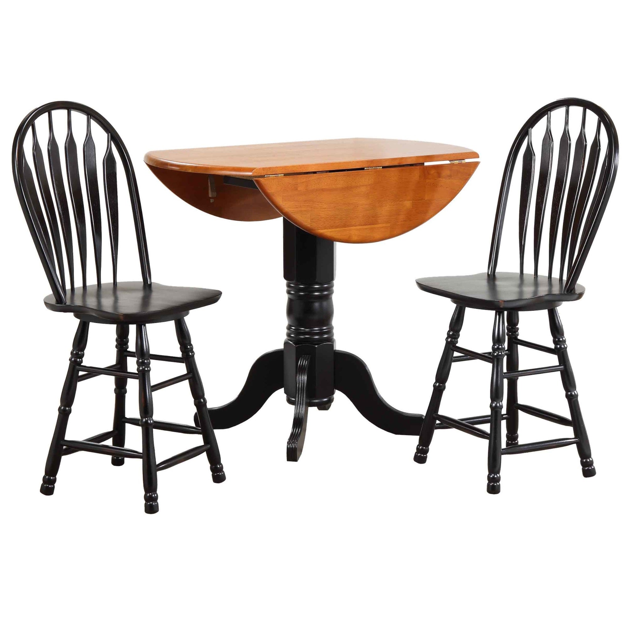 Sunset Trading Black Cherry Selections 3 Piece 42 Round Extendable Drop Leaf Pub Table Set With 2 Swivel Barstools | Counter H
