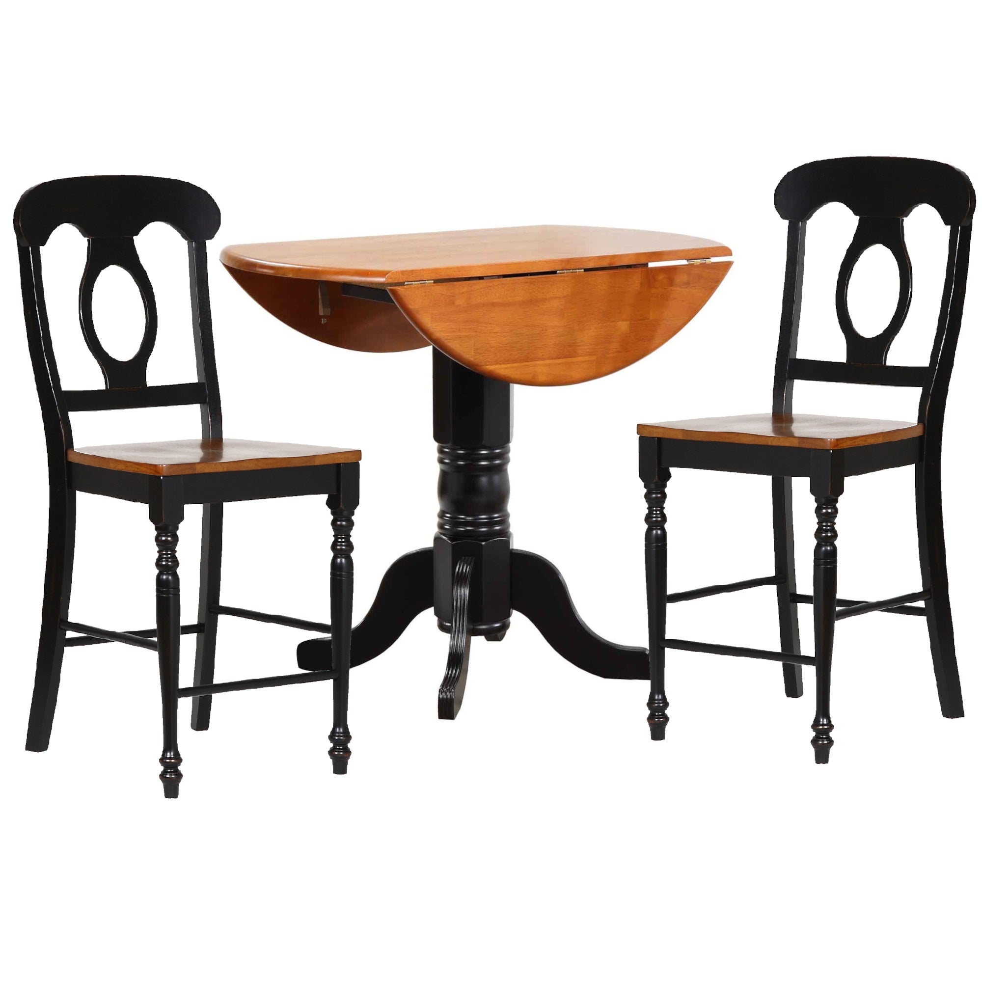 Sunset Trading Black Cherry Selections 3 Piece 42 Round Extendable Drop Leaf Pub Table Set With 2 Napoleon Stools| Counter Hei