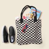 Black Checkered Tote Bag - Washable Cotton Knit with Key Ring