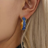 Bold Gold Hoop Earrings with Blue Crystal Stones Textured Stainless Steel Statement Jewelry