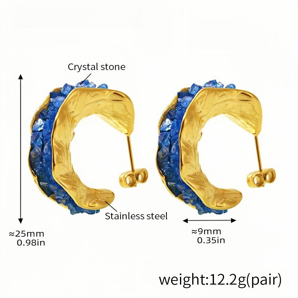 Bold Gold Hoop Earrings with Blue Crystal Stones Textured Stainless Steel Statement Jewelry