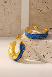 Bold Gold Hoop Earrings with Blue Crystal Stones Textured Stainless Steel Statement Jewelry
