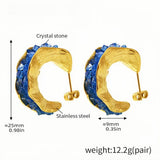 Bold Gold Hoop Earrings with Blue Crystal Stones Textured Stainless Steel Statement Jewelry
