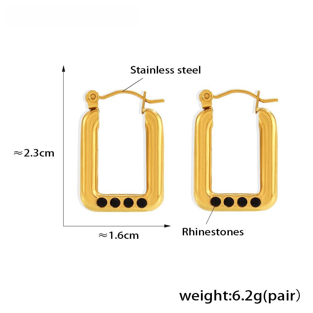 Gold-Plated Square Hoop Earrings with Black Rhinestones Stainless Steel, 2.3cm