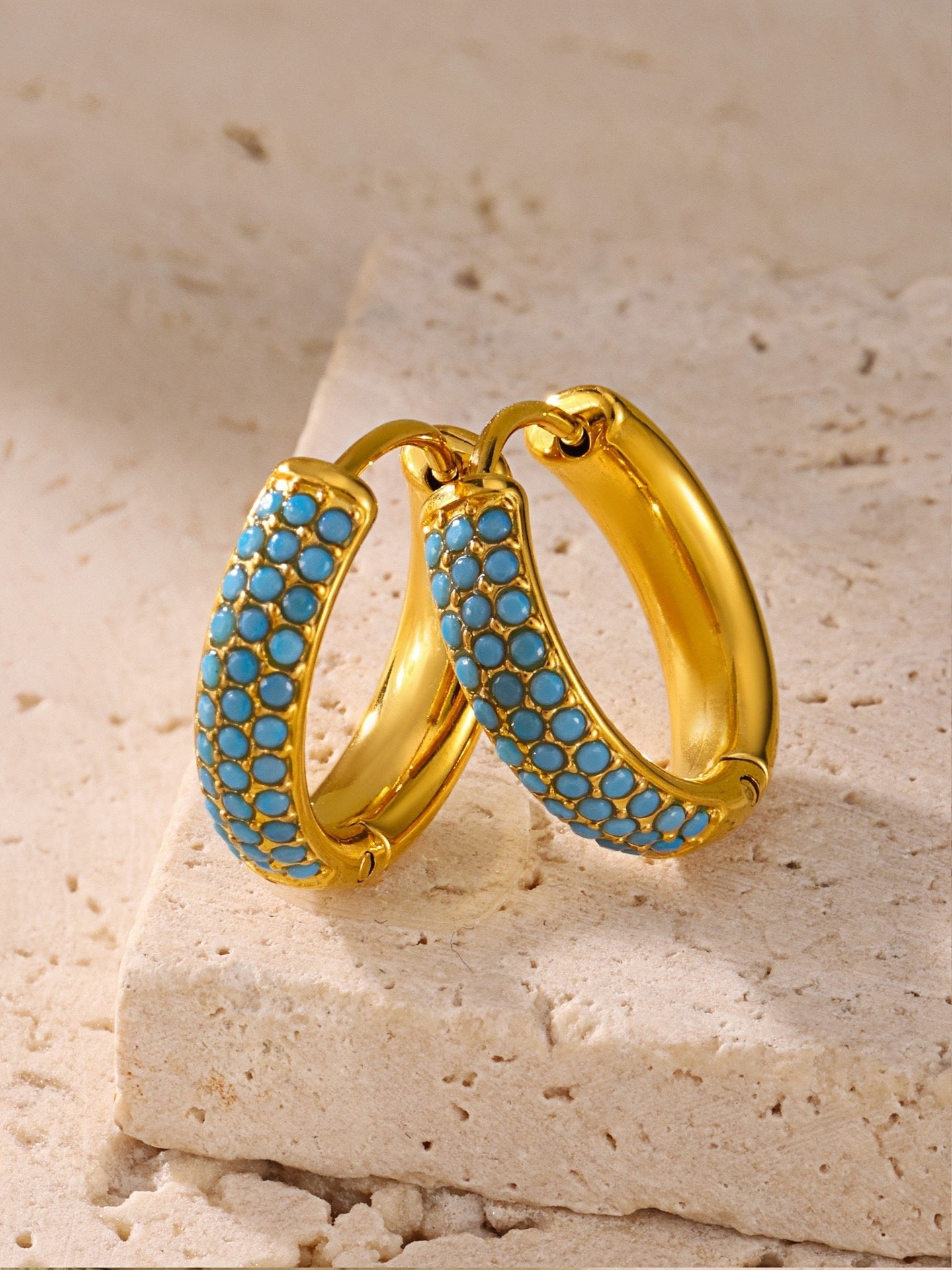 Gold-Plated Stainless Steel Huggie Hoop Earrings with Turquoise Inlay 0.53'' Lightweight 3.1g Pair