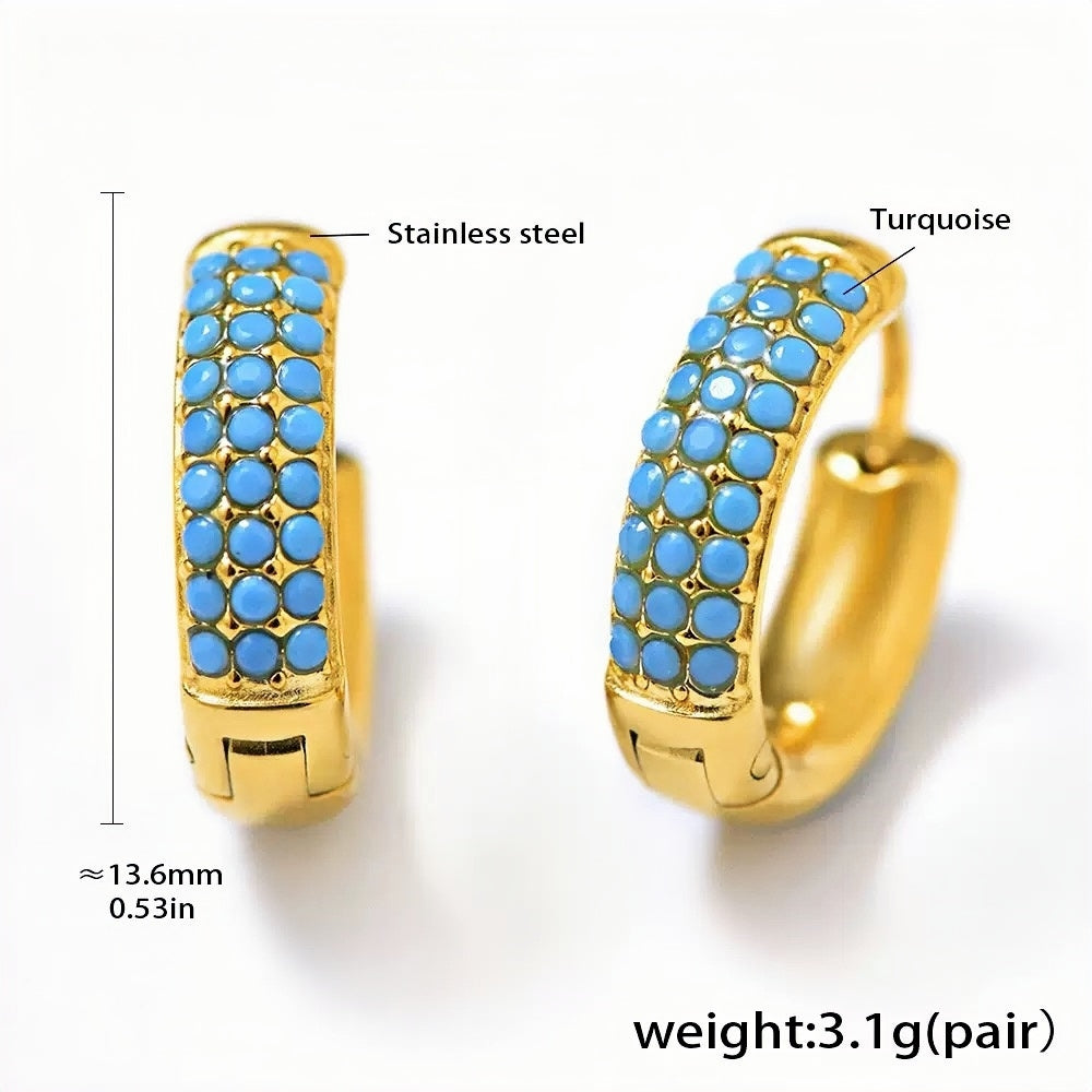Gold-Plated Stainless Steel Huggie Hoop Earrings with Turquoise Inlay 0.53'' Lightweight 3.1g Pair