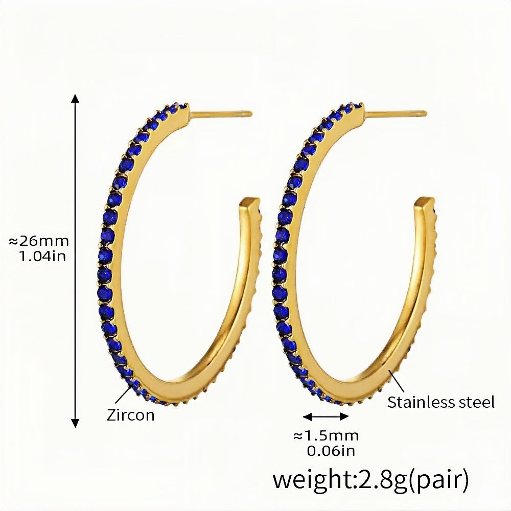 Gold Half-Hoop Earrings with Blue Zircon Stones Stainless Steel, 26mm