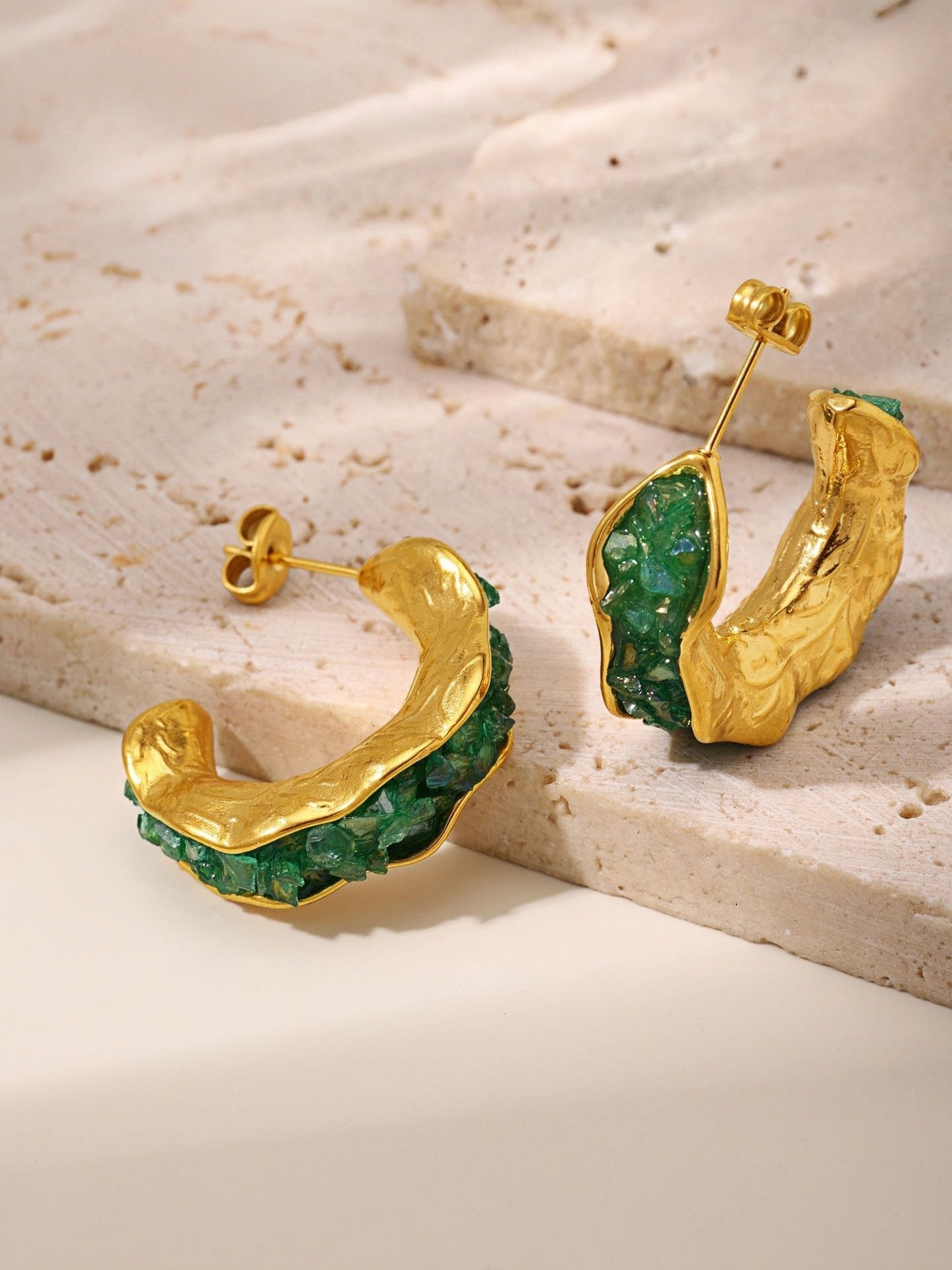 Elegant Green Crystal Stone Hoop Earrings Gold-Plated Stainless Steel