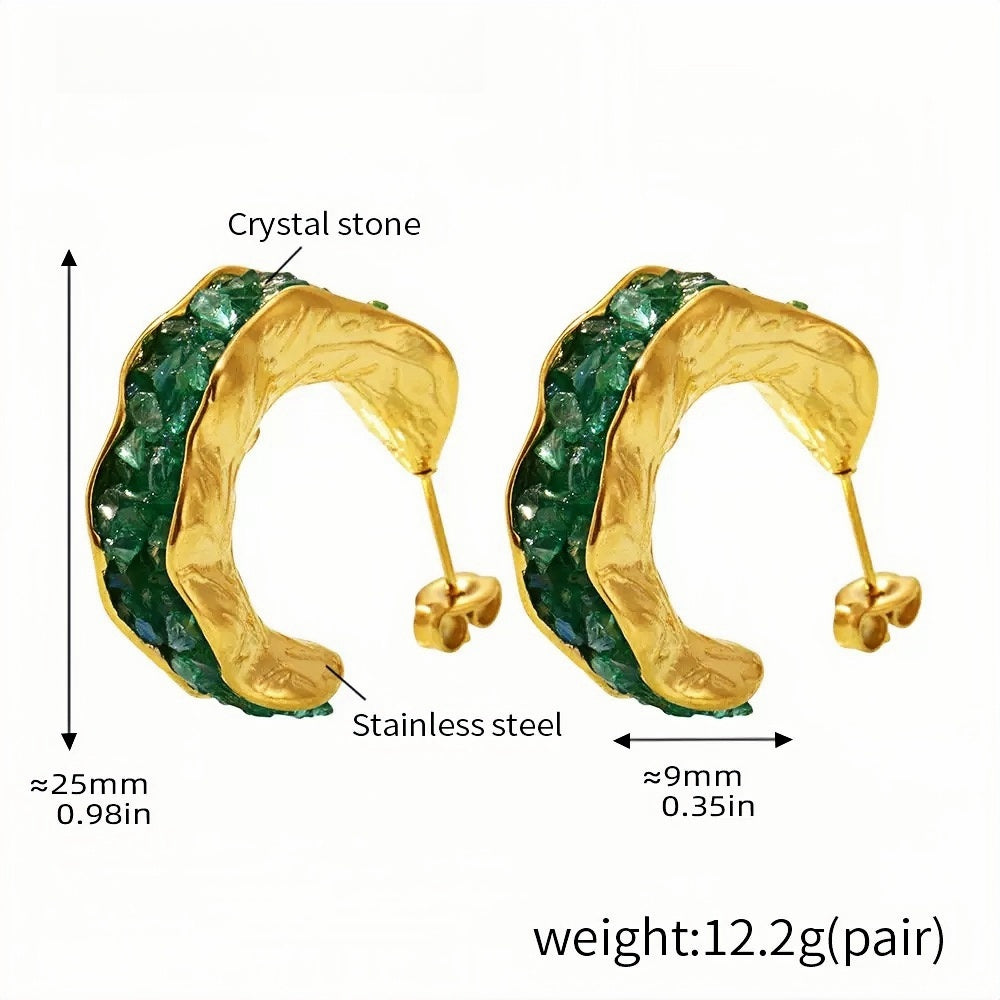 Elegant Green Crystal Stone Hoop Earrings Gold-Plated Stainless Steel