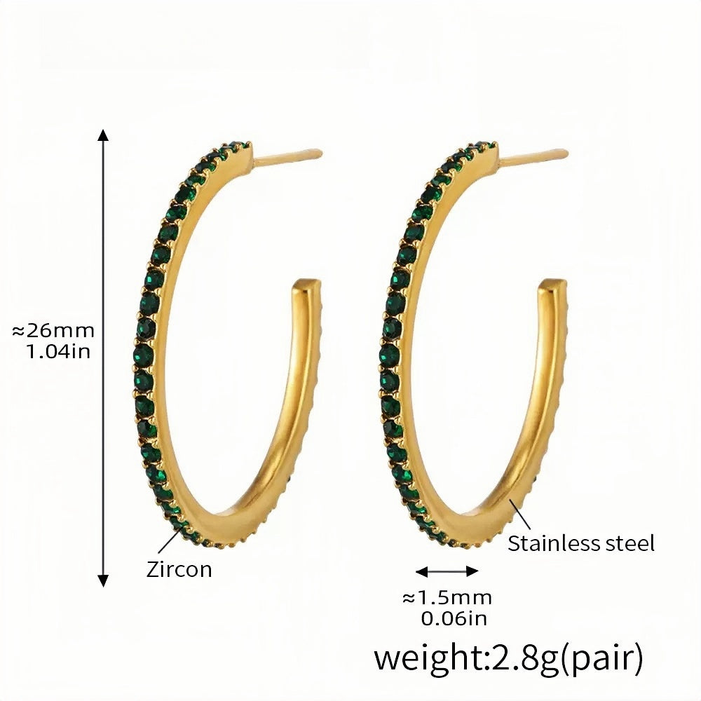 Gold Half-Hoop Earrings with Green Zircon Elegant Stainless Steel Design, 26mm