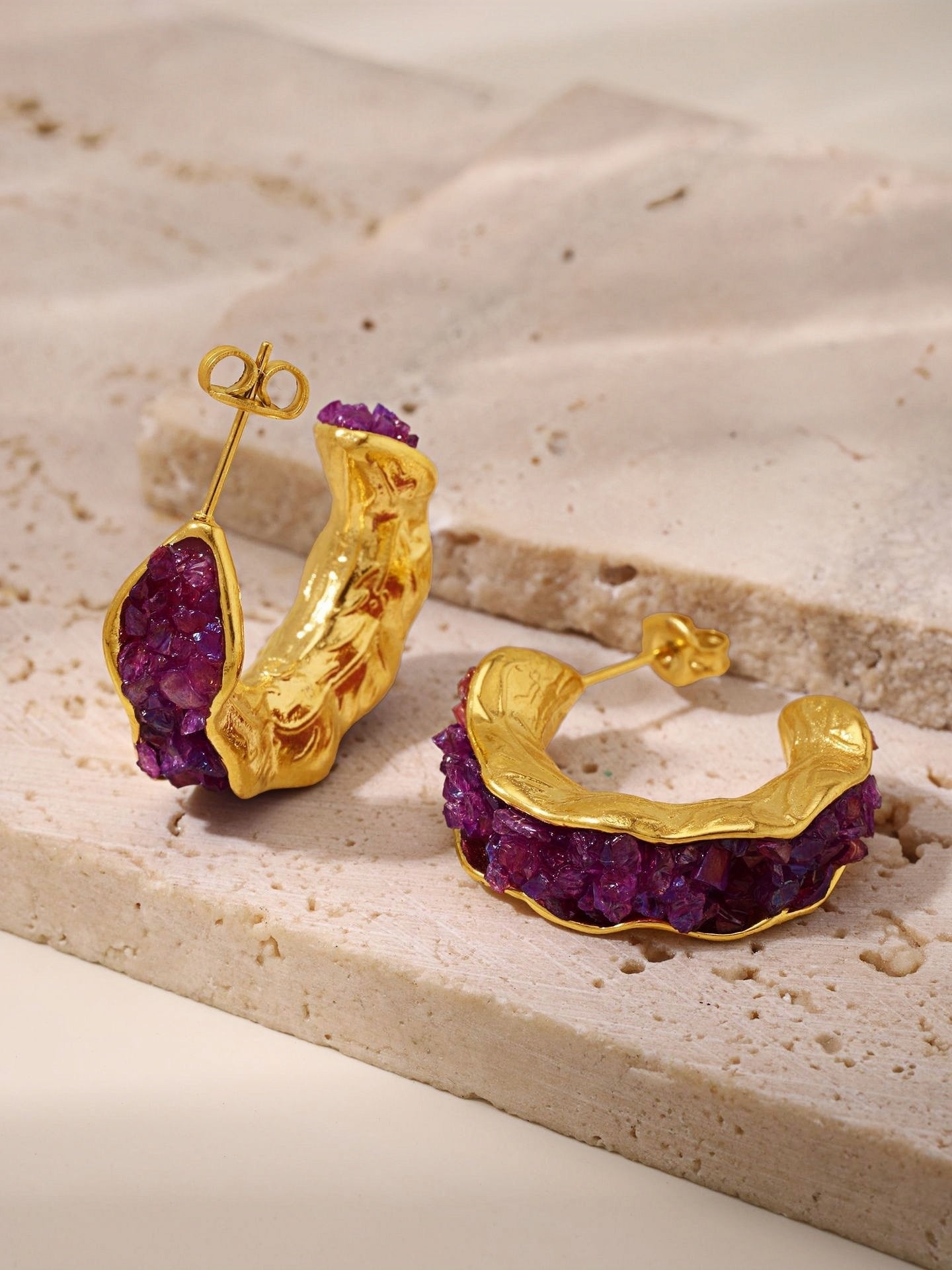 Bold Purple Crystal Stone Hoop Earrings Gold-Plated Stainless Steel Elegance