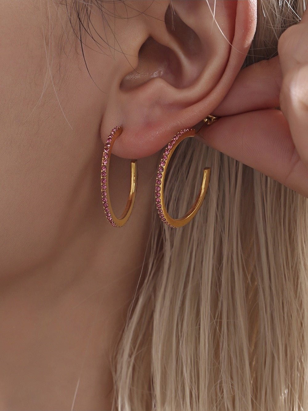 Gold Half-Hoop Earrings with Pink Zircon 26mm Stainless Steel Lightweight Design