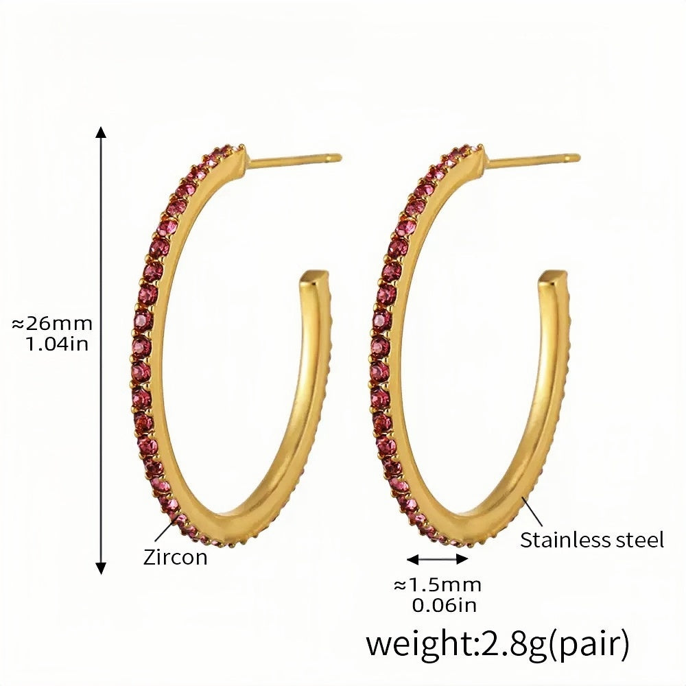 Gold Half-Hoop Earrings with Pink Zircon 26mm Stainless Steel Lightweight Design