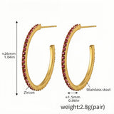 Gold Half-Hoop Earrings with Pink Zircon 26mm Stainless Steel Lightweight Design