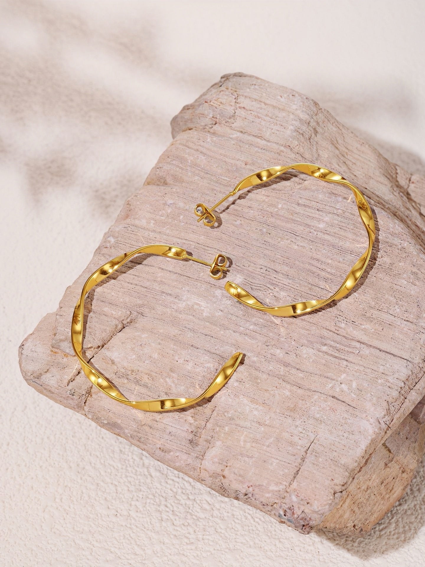 Gold Twisted Hoop Earrings 40mm Lightweight Stainless Steel Design