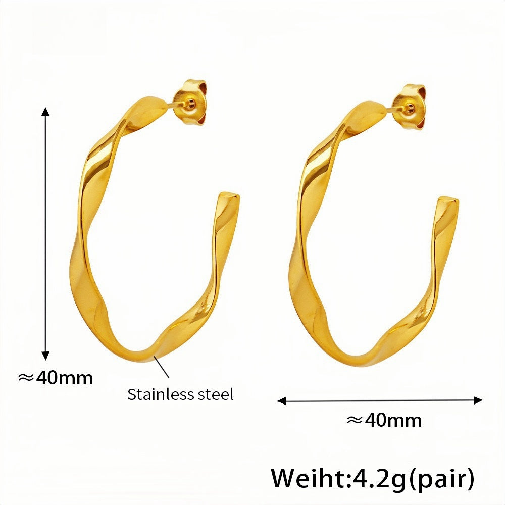 Gold Twisted Hoop Earrings 40mm Lightweight Stainless Steel Design
