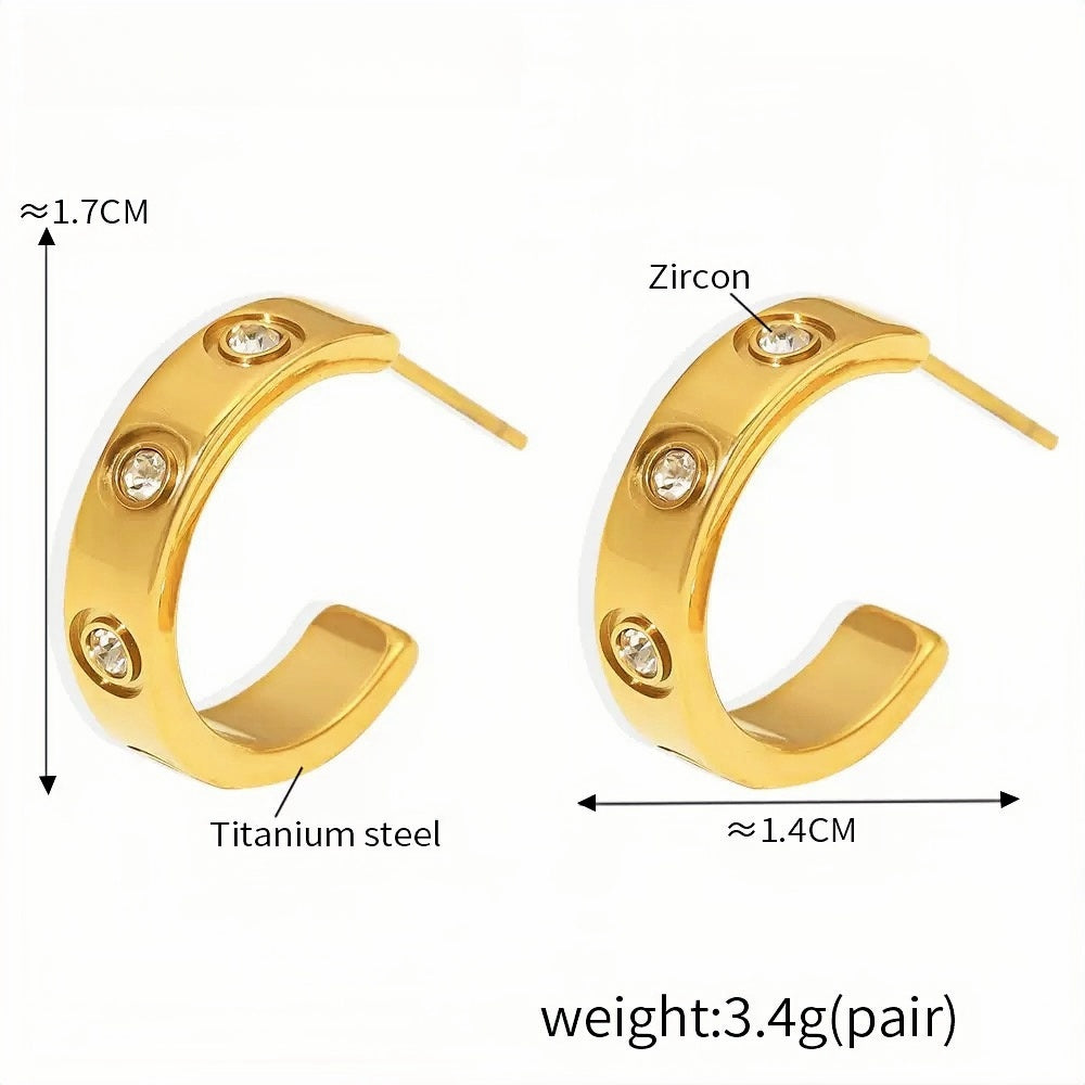 Gold Zircon Studded Hoop Earrings Elegant Titanium Steel Half Hoops