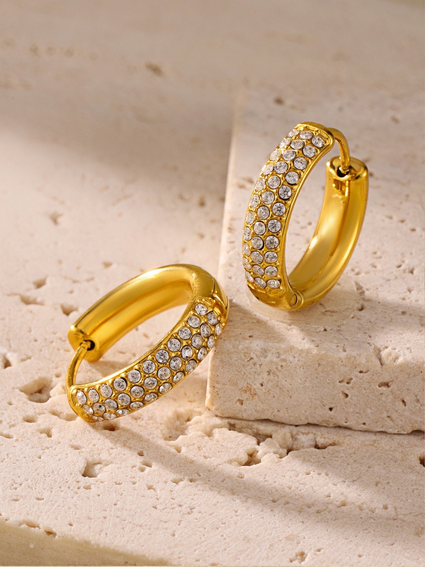 Gold-Plated Stainless Steel Huggie Earrings with Sparkling Zircon Stones 0.53'' Lightweight 3.1g Pair