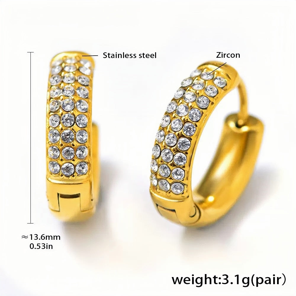 Gold-Plated Stainless Steel Huggie Earrings with Sparkling Zircon Stones 0.53'' Lightweight 3.1g Pair