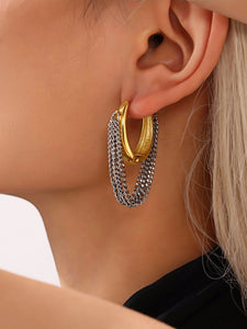 Bold Two-Tone Stainless Steel Hoop Earrings with Double Chain Detail Gold & Silver Finish