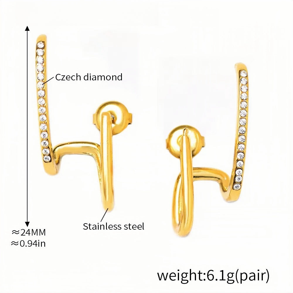 Elegant Gold-Plated Stainless Steel Earrings with Czech Diamonds Modern Loop Design