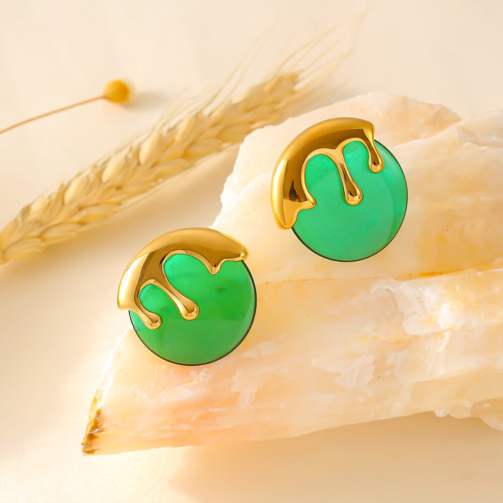 Bold Green & Gold Drip Statement Earrings Resin & Titanium Steel, 2.7cm