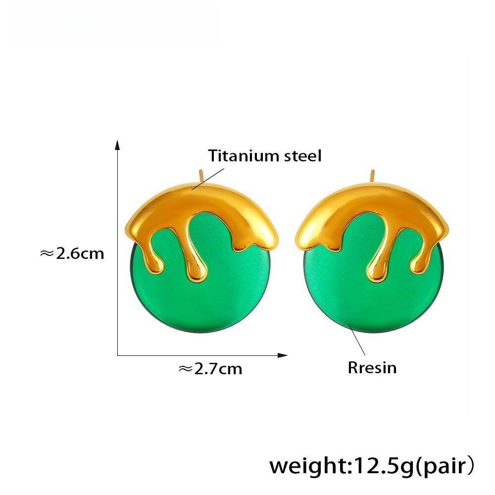 Bold Green & Gold Drip Statement Earrings Resin & Titanium Steel, 2.7cm