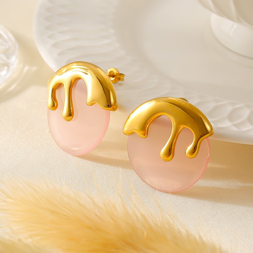 Bold Pink & Gold Drip Statement Earrings Resin & Titanium Steel, 2.7cm