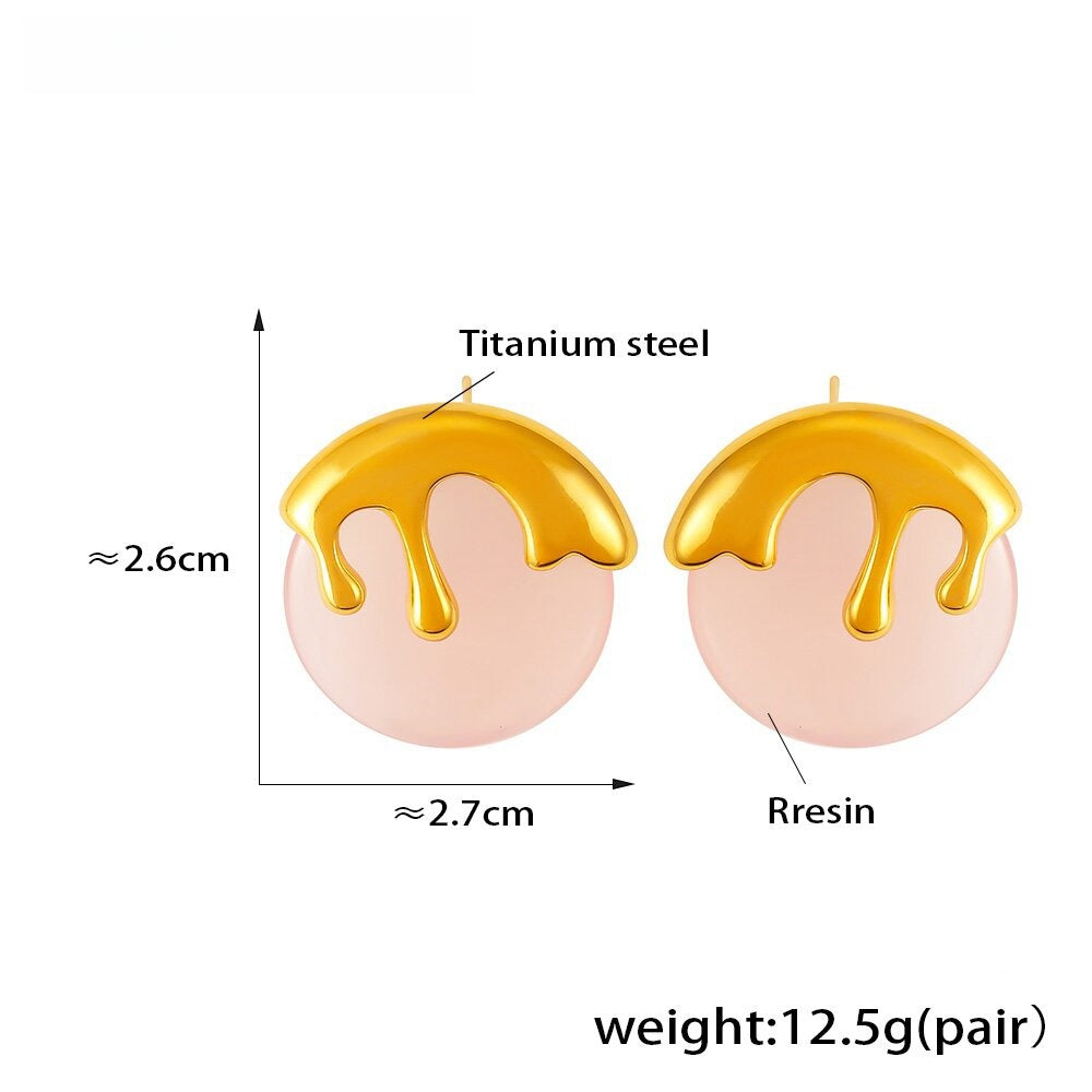 Bold Pink & Gold Drip Statement Earrings Resin & Titanium Steel, 2.7cm