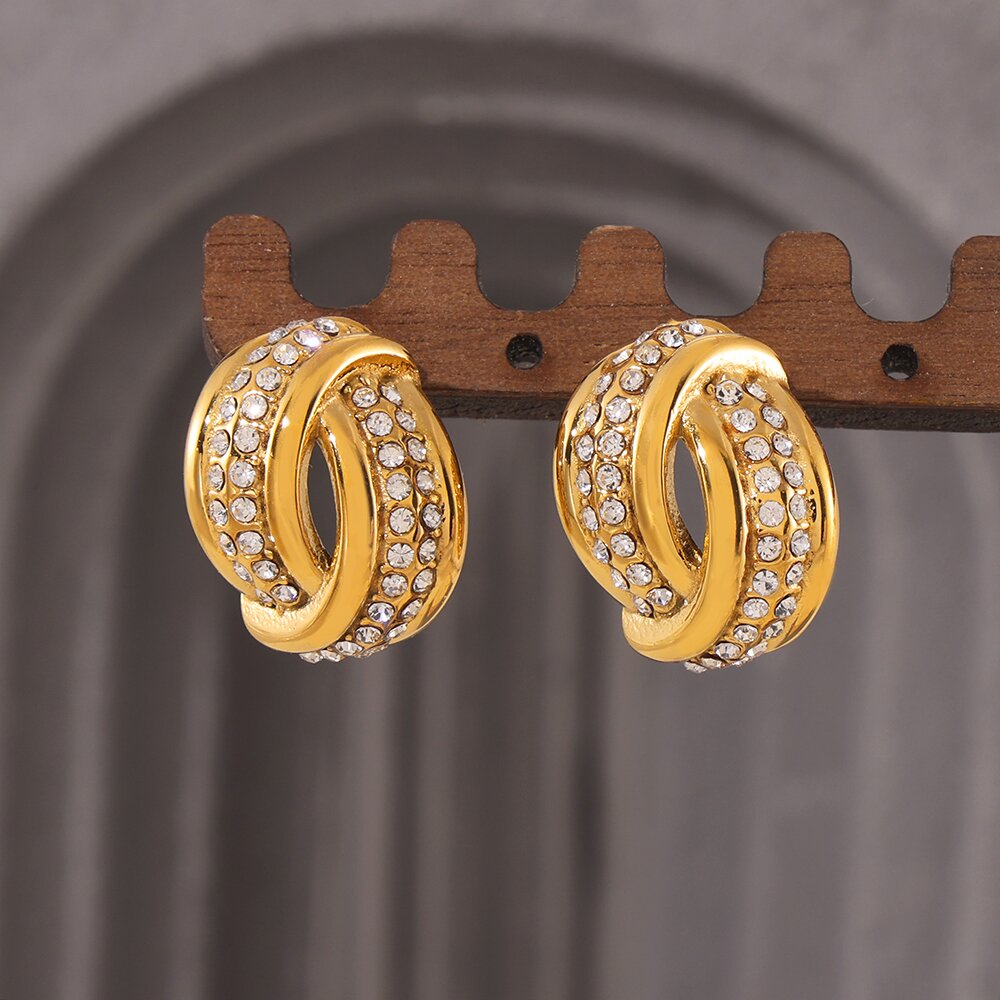 Red Crystal & Gold-Tone Half Hoop Earrings Bold Textured Design