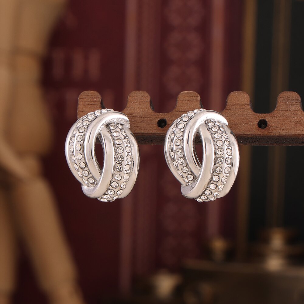 Red Crystal & Silver-Tone Half Hoop Earrings Bold Textured Design