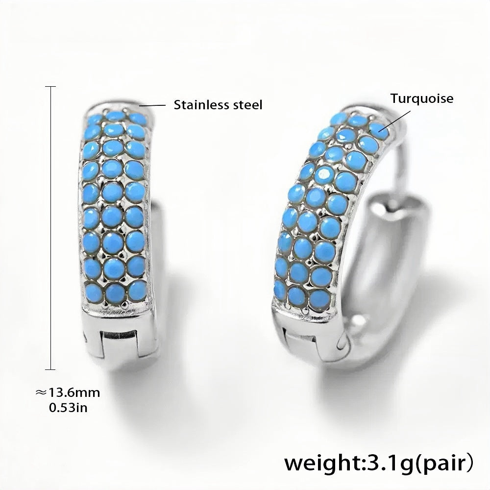 Silver-Tone Stainless Steel Huggie Earrings with Turquoise Accents 0.53'' Lightweight 3.1g Pair