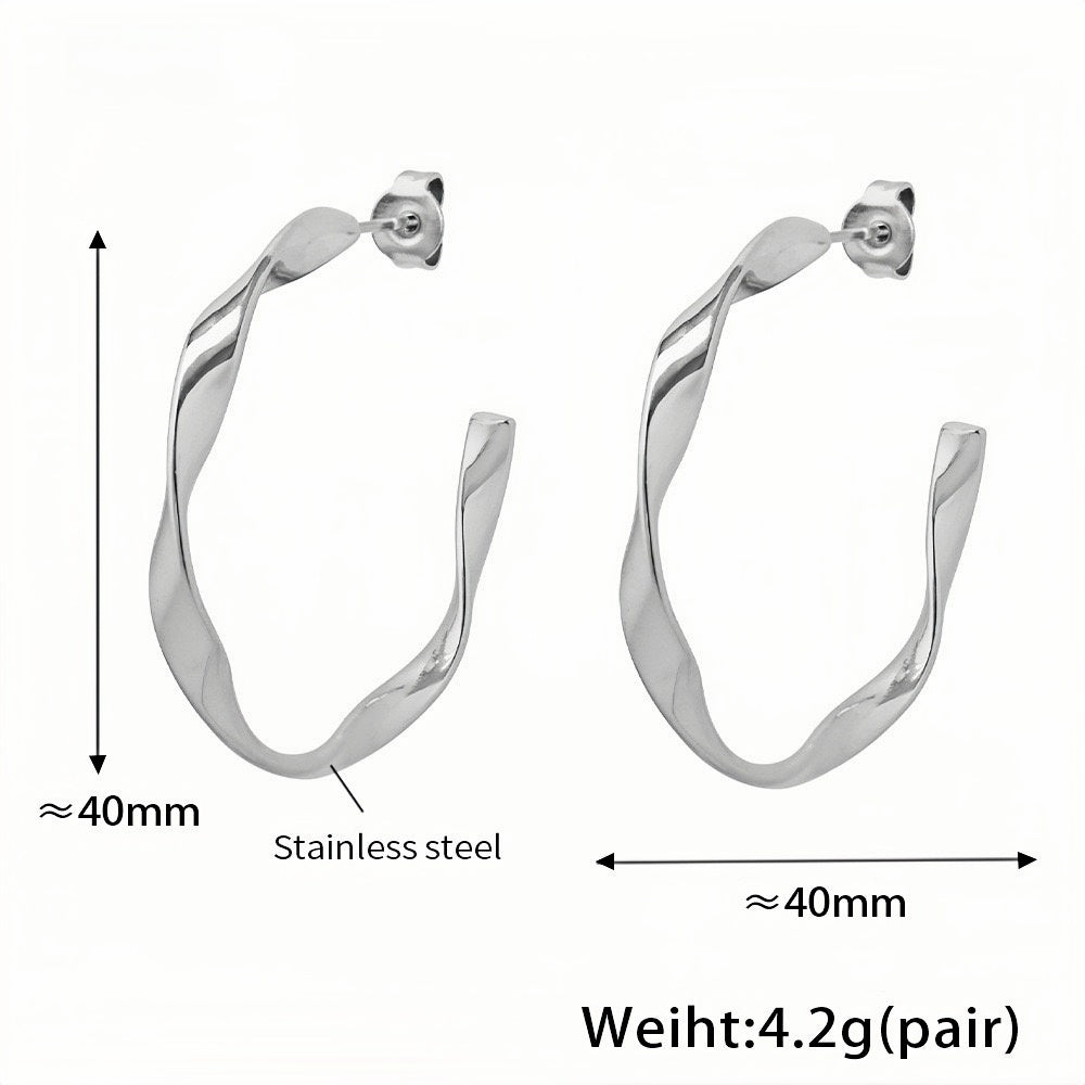 Silver Twisted Hoop Earrings 40mm Lightweight Stainless Steel Design